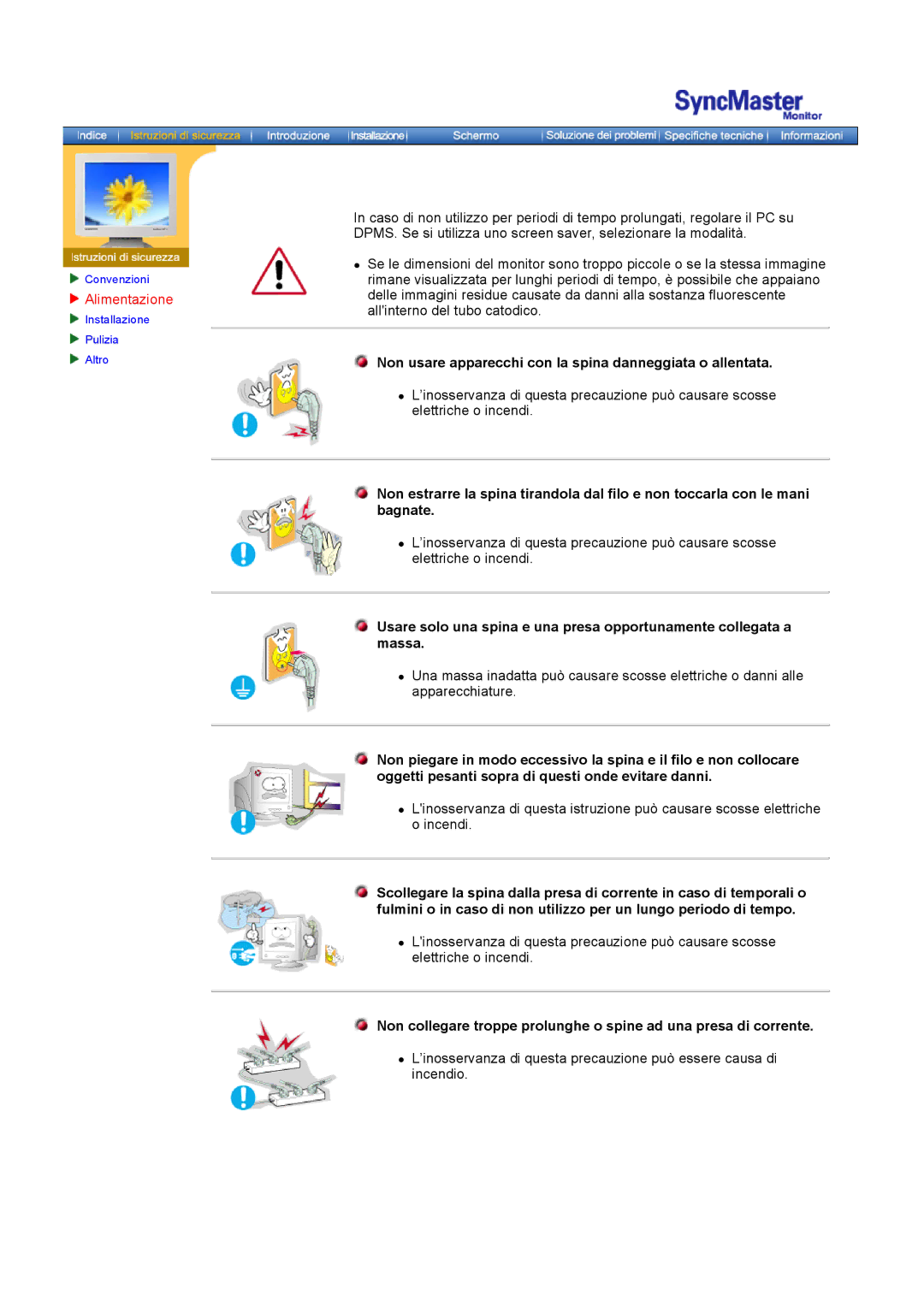 Samsung GH18PSAS/EDC manual Alimentazione, Non usare apparecchi con la spina danneggiata o allentata 