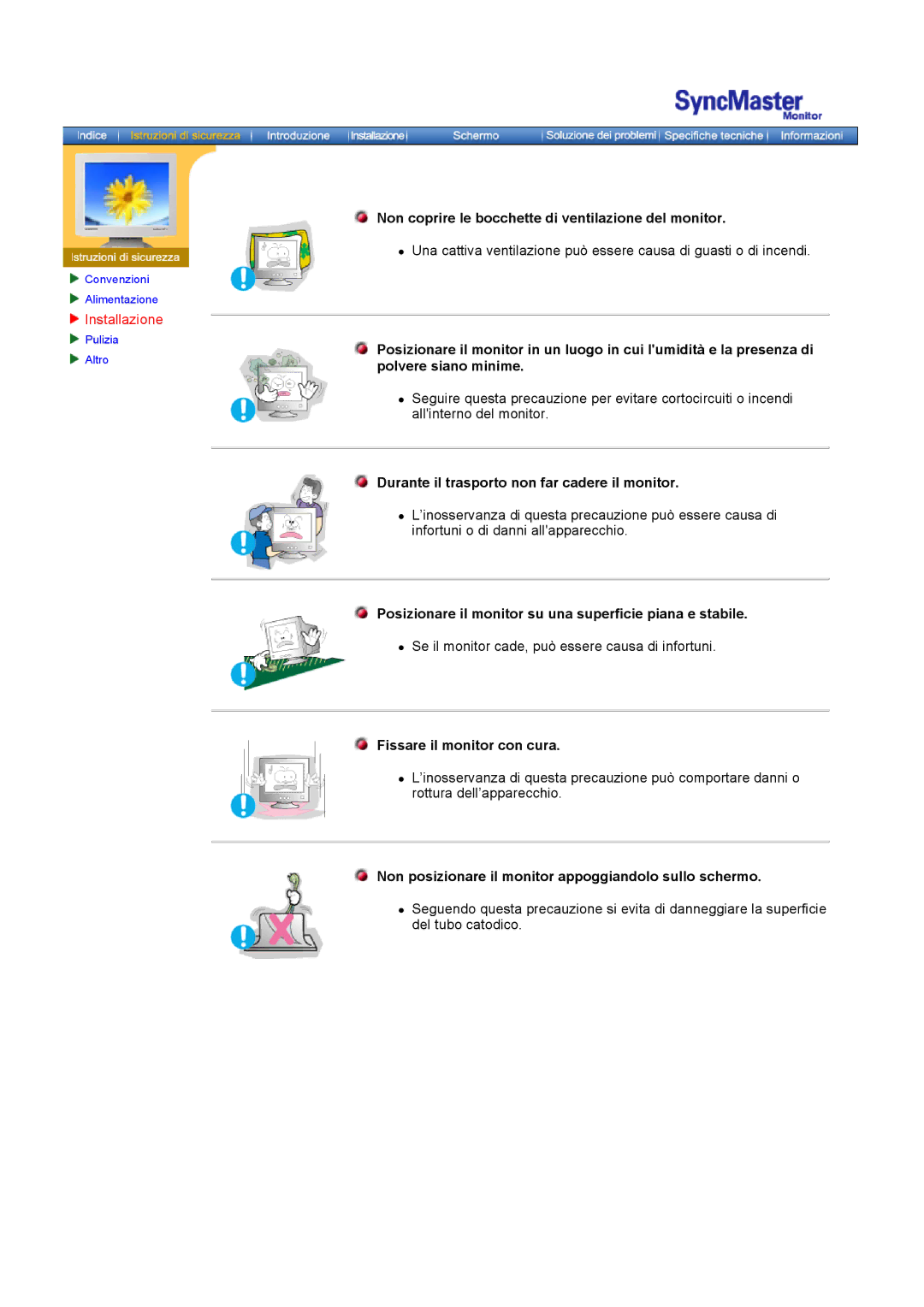 Samsung GH18PSAS/EDC Non coprire le bocchette di ventilazione del monitor, Durante il trasporto non far cadere il monitor 