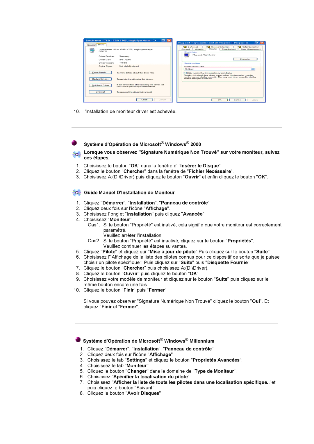 Samsung GH18PSSS/EDC, GH18PSAS/EDC, GH18PSSB/EDC manual Iinstallation de moniteur driver est achevée 
