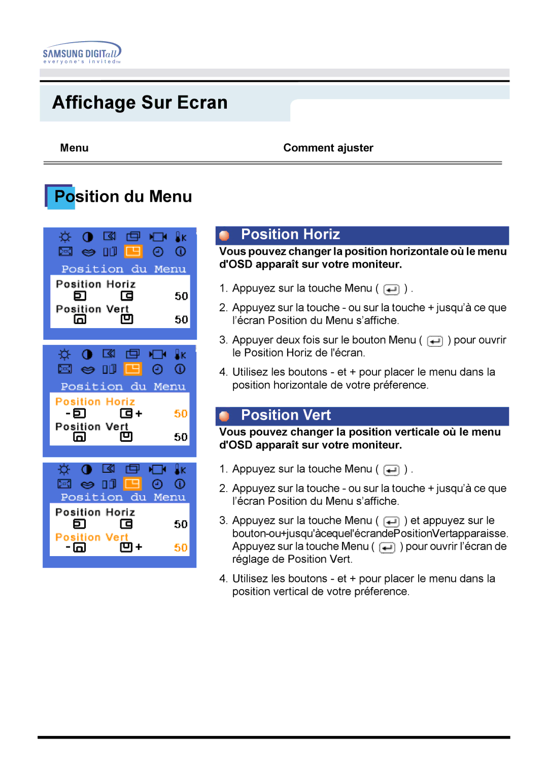 Samsung GH18PSSS/EDC, GH18PSAS/EDC, GH18PSSB/EDC manual Position du Menu 