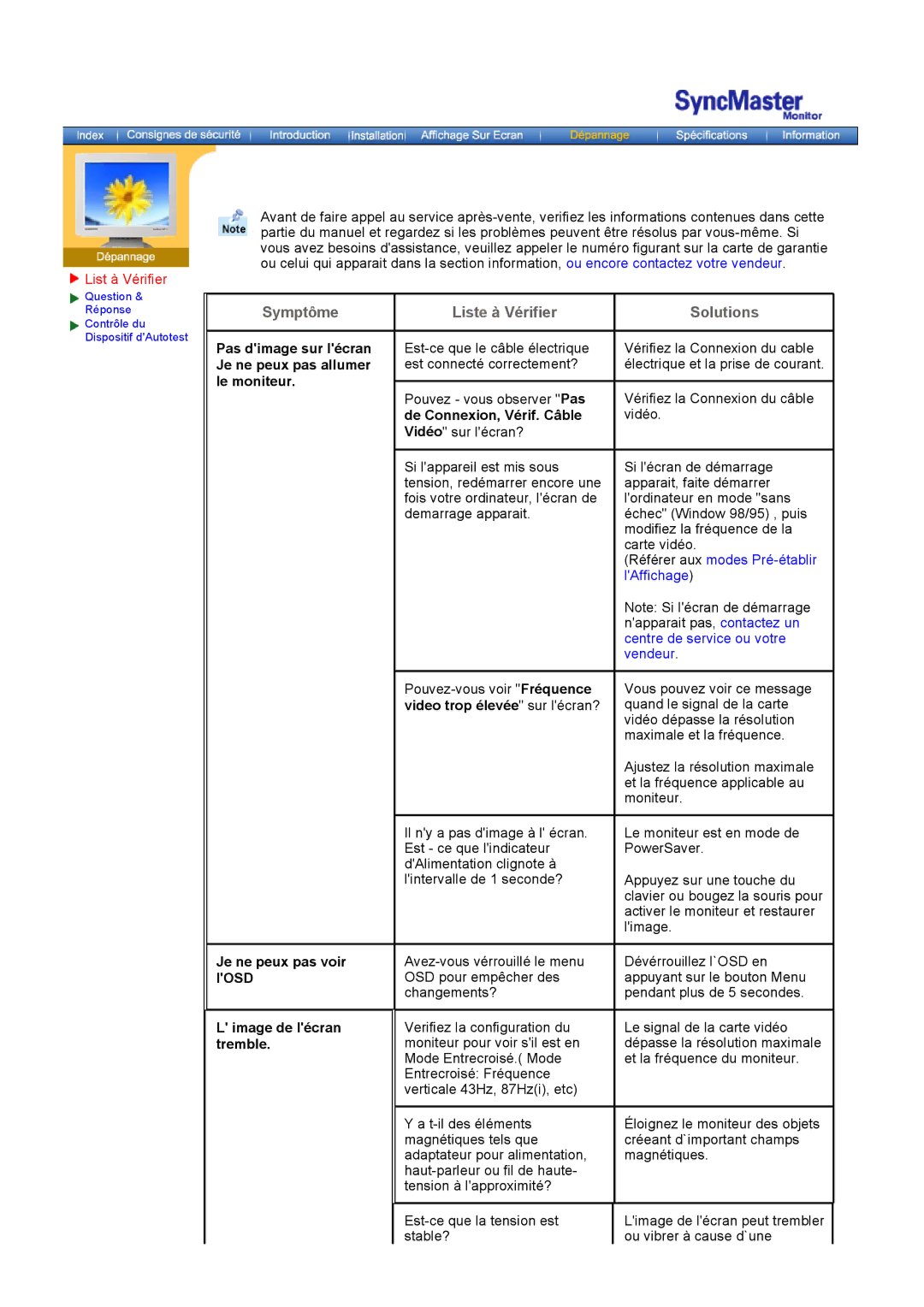 Samsung GH18PSAS manual List à Vérifier, De Connexion, Vérif. Câble Vidéo sur lécran?, Video trop élevée sur lécran? 