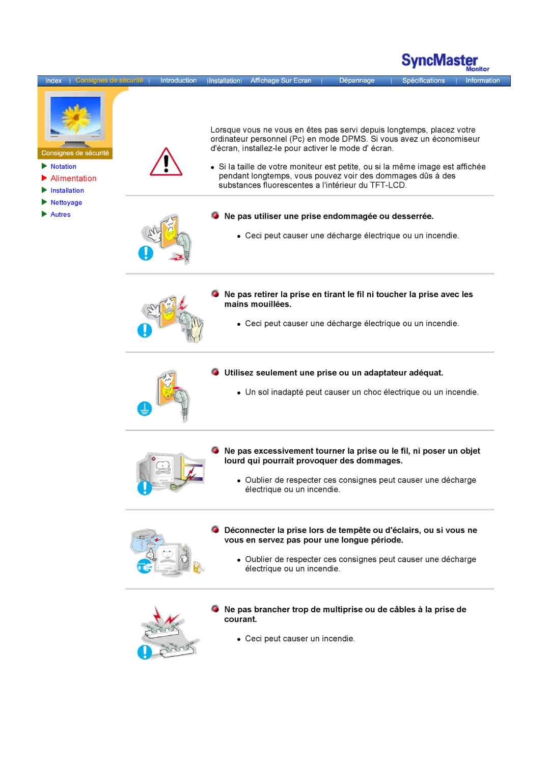 Samsung GH18PSSS/EDC, GH18PSAS/EDC, GH18PSSB/EDC manual Alimentation, Ne pas utiliser une prise endommagée ou desserrée 