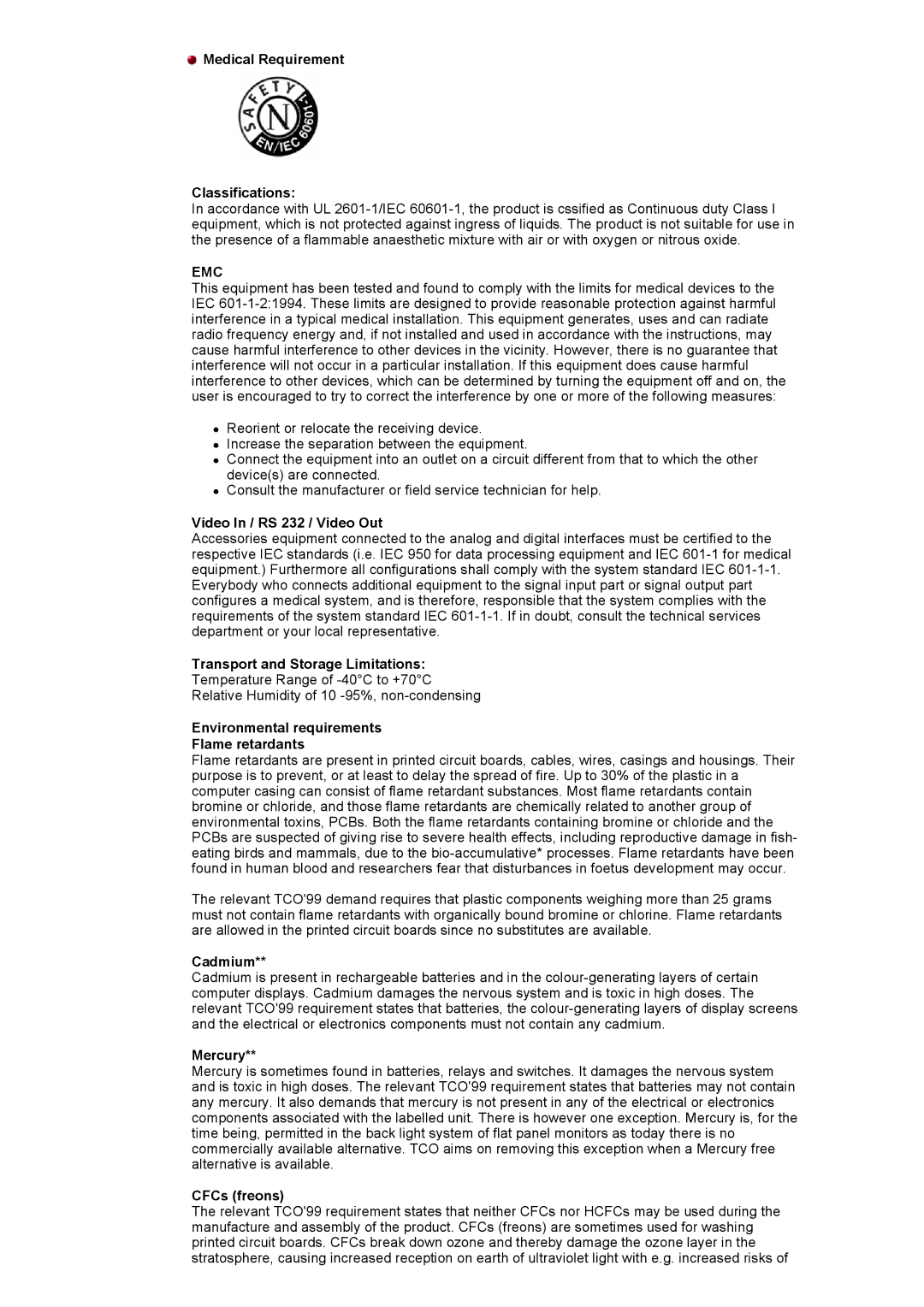 Samsung GH18PSSS/EDC Medical Requirement Classifications, Video In / RS 232 / Video Out, Transport and Storage Limitations 