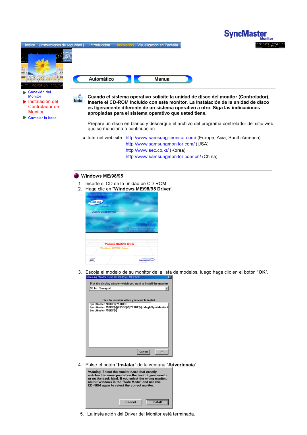 Samsung GH18PSSS/EDC, GH18PSAS/EDC manual Instalación del Controlador de Monitor, Haga clic en Windows ME/98/95 Driver 