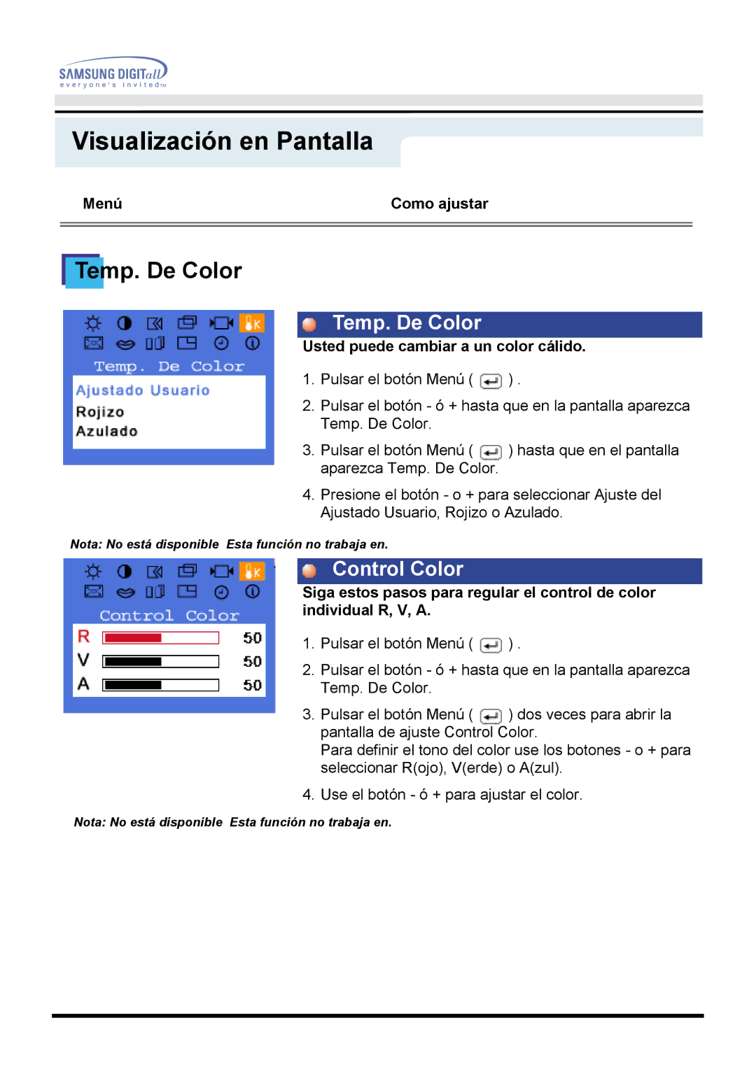 Samsung GH18PSAS/EDC, GH18PSSS/EDC manual Temp. De Color, Control Color 