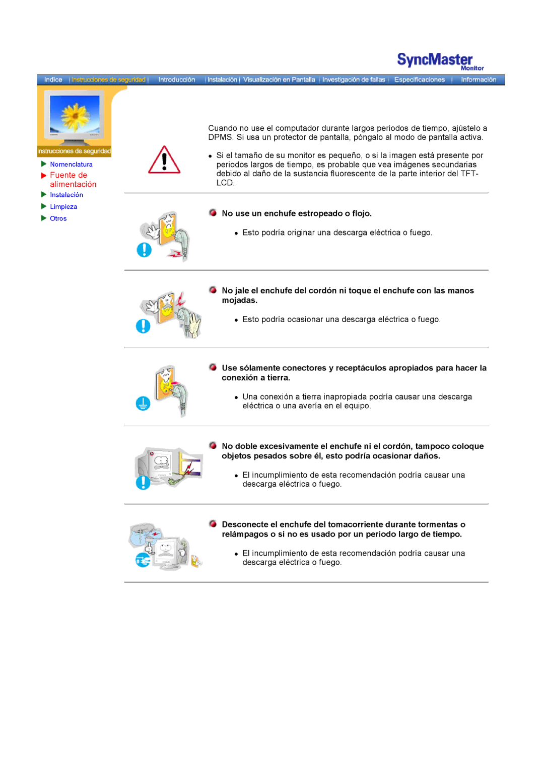 Samsung GH18PSSS/EDC, GH18PSAS/EDC manual Fuente de alimentación, No use un enchufe estropeado o flojo 