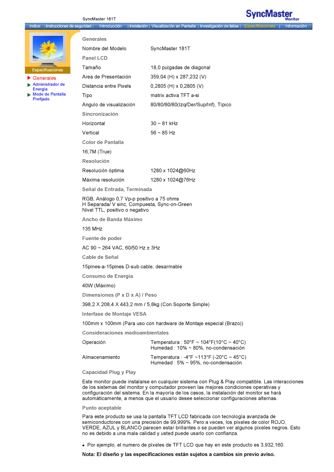 Samsung GH18PSAS/EDC, GH18PSSS/EDC manual Generales, Panel LCD 