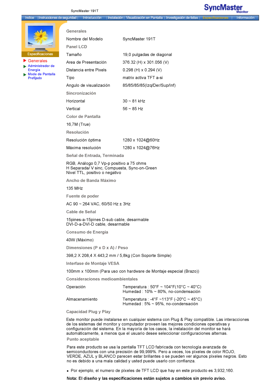 Samsung GH18PSSS/EDC, GH18PSAS/EDC manual Nombre del Modelo SyncMaster 191T 