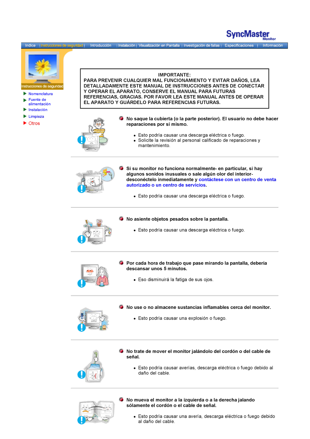 Samsung GH18PSAS/EDC, GH18PSSS/EDC manual Otros, No asiente objetos pesados sobre la pantalla 