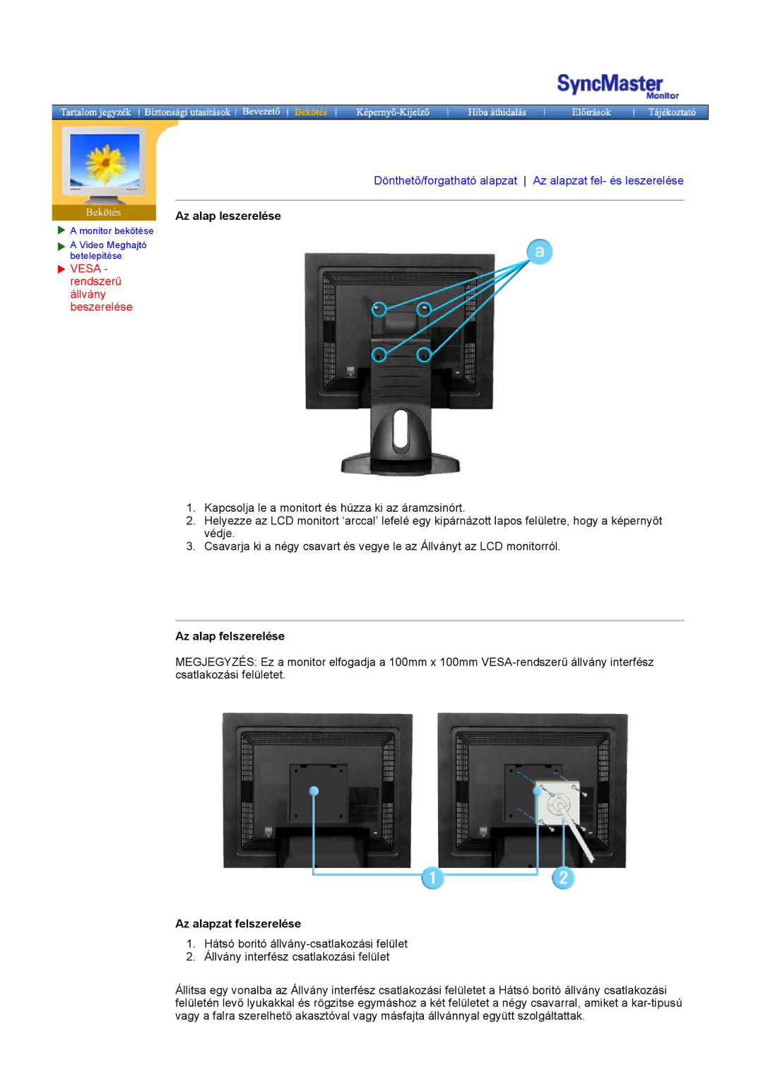 Samsung GH18PSAS/EDC, GH18PSSS/EDC manual Az alap leszerelése, Vesa rendszerű állvány beszerelése, Az alap felszerelése 