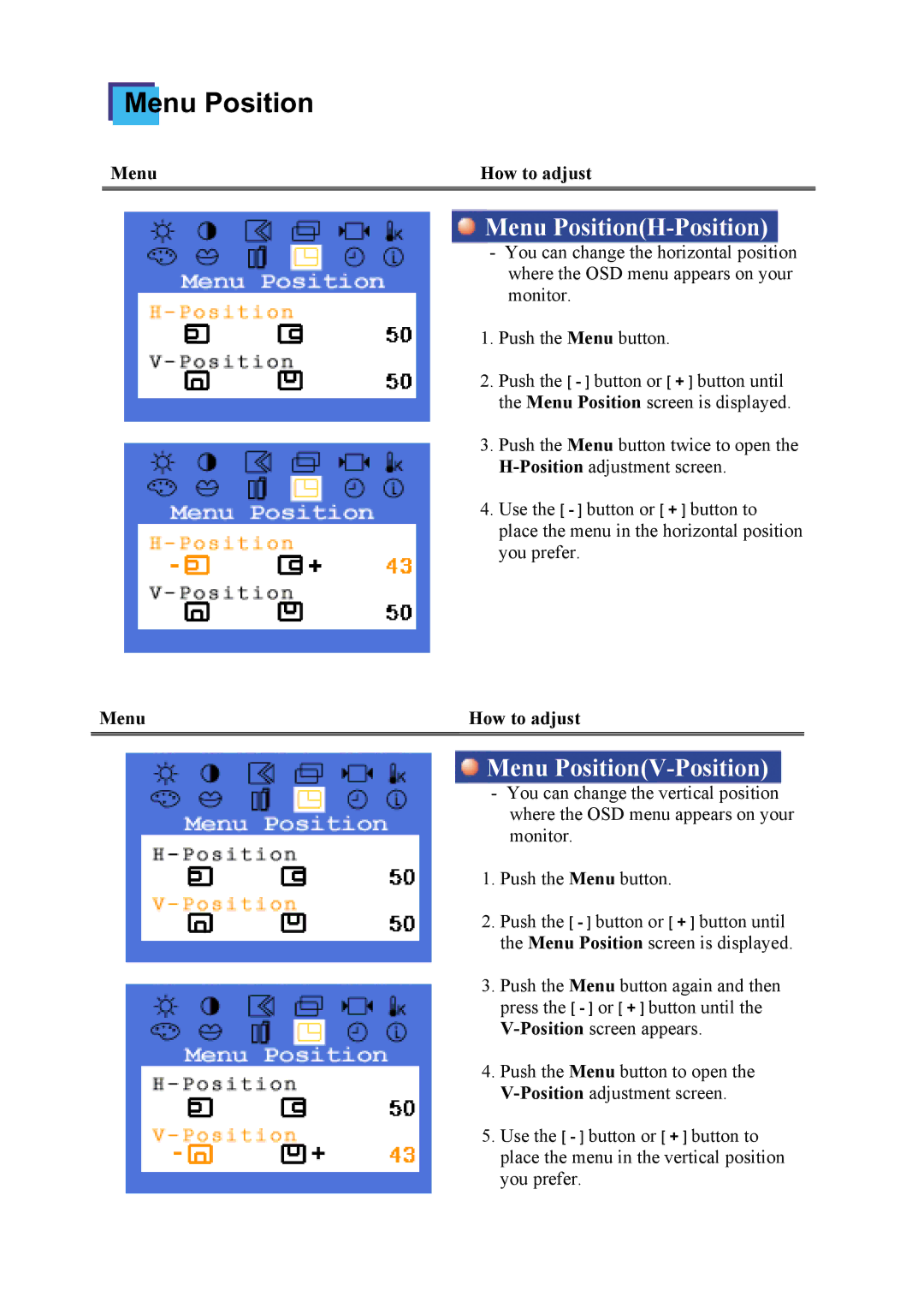 Samsung NB19BSHB/EDC, GH19ASBS, NB17ASBSY, NB15ASHN/EDC, NB17BSPSV/EDC Menu PositionH-Position, Menu PositionV-Position 