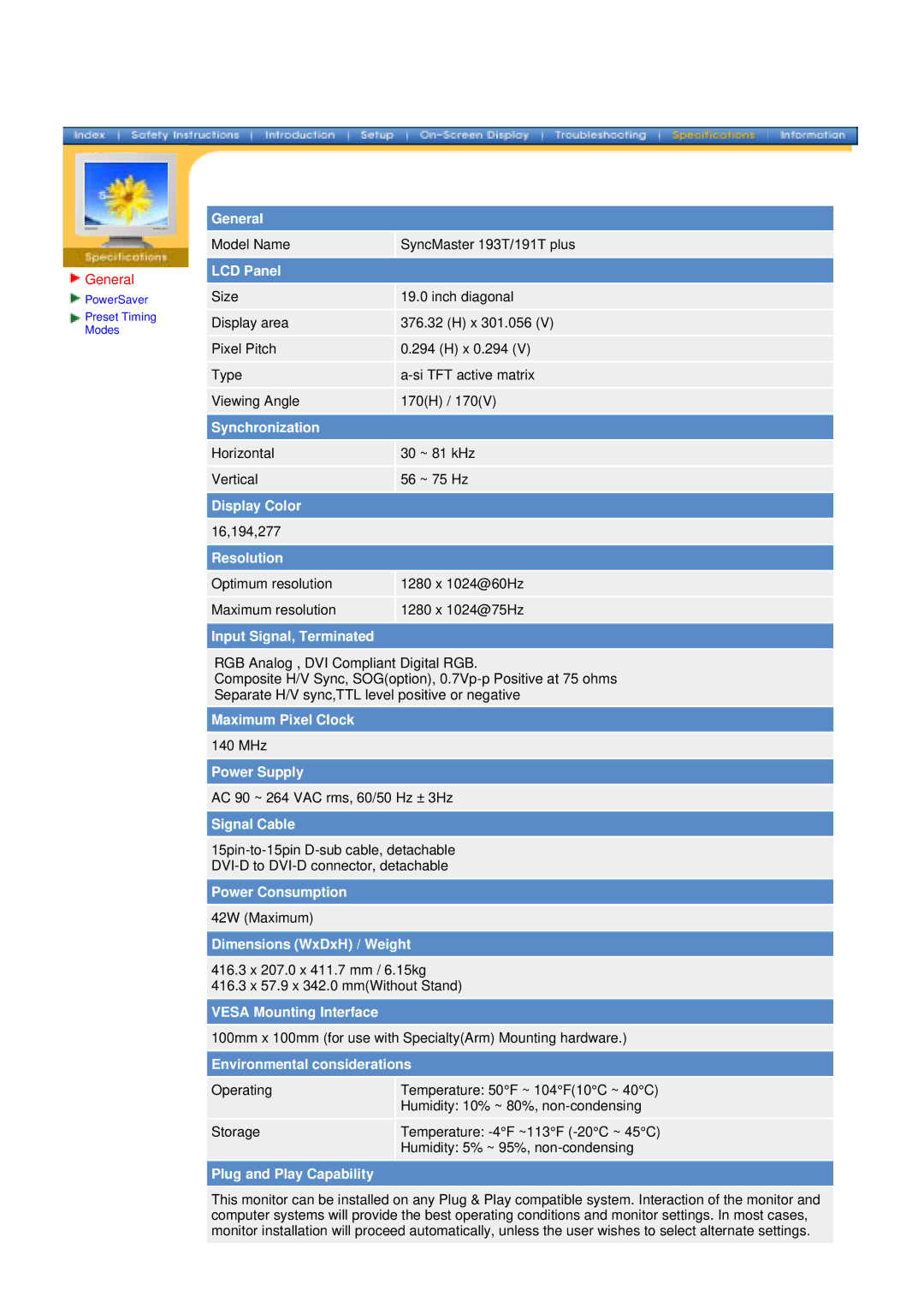 Samsung NB17BSPS/EDC, GH19ASBS, NB17ASBSY, NB15ASHN/EDC, NB17BSPSV/EDC, NB17BSPSD/EDC Model Name SyncMaster 193T/191T plus 