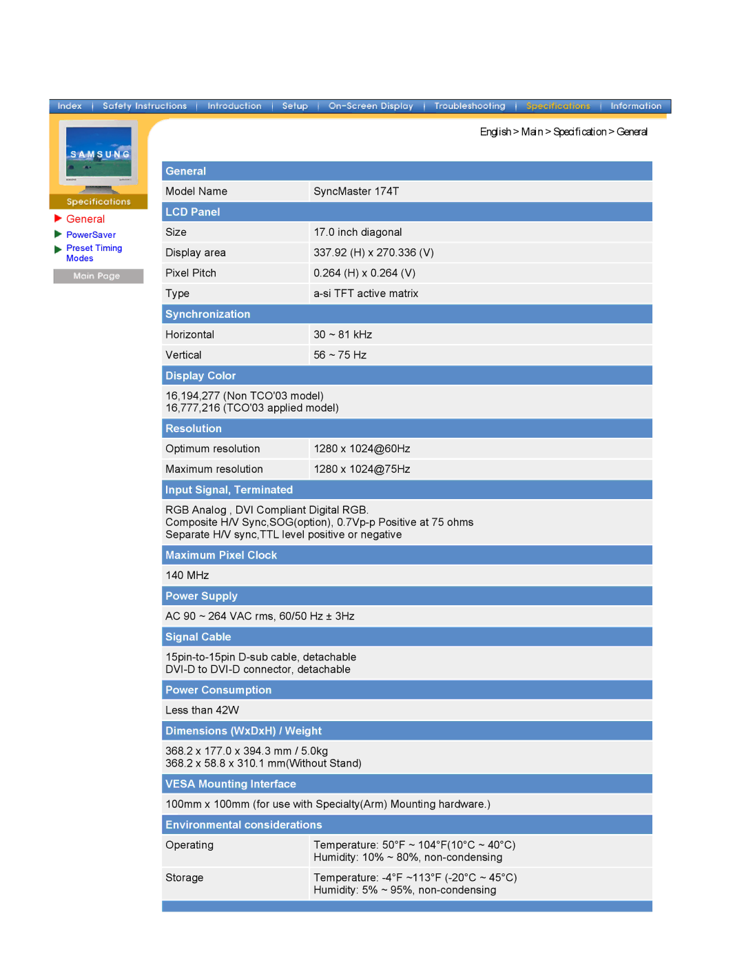 Samsung NB17BSHBV, GH19ASBS, NB17ASBSY, NB15ASHN/EDC, NB17BSPSV/EDC, NB17BSPSD/EDC manual English Main Specification General 