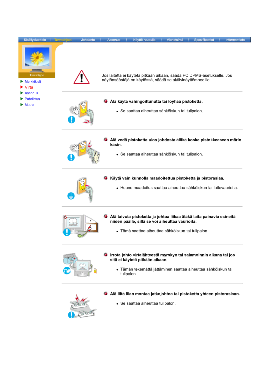 Samsung GH19AWBN/EDC manual Virta, Älä käytä vahingoittunutta tai löyhää pistoketta 