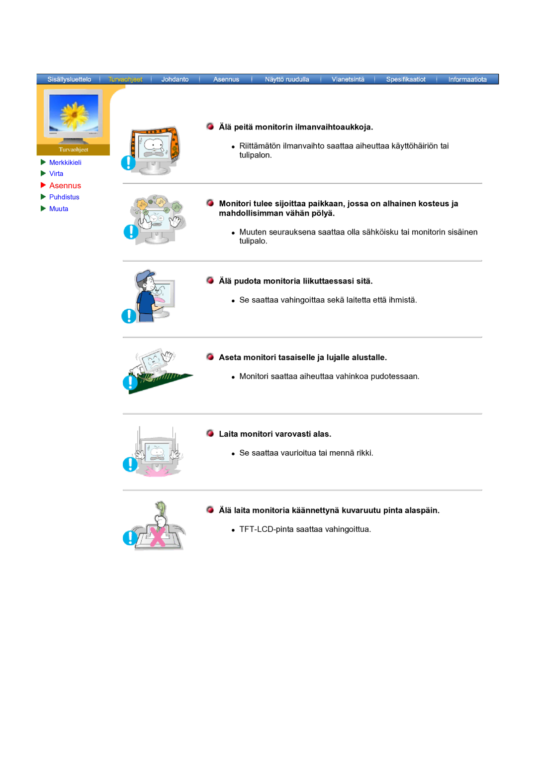 Samsung GH19AWBN/EDC manual Älä peitä monitorin ilmanvaihtoaukkoja, Älä pudota monitoria liikuttaessasi sitä 