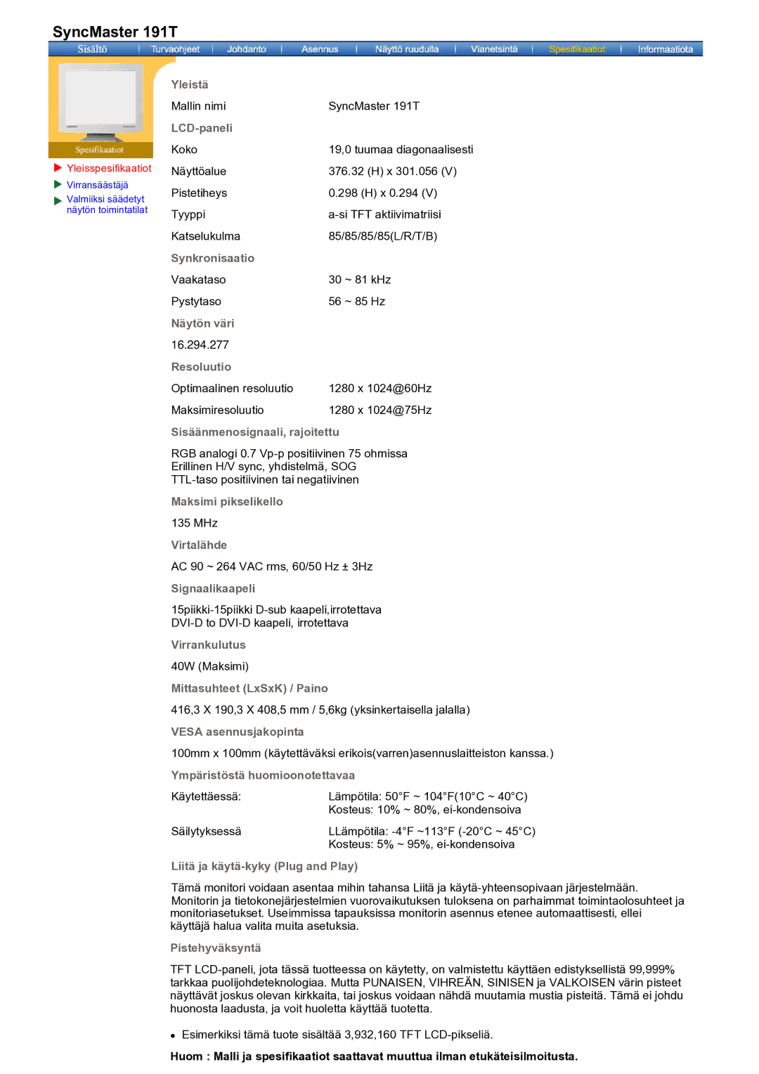 Samsung GH19AWBN/EDC manual Mallin nimi SyncMaster 191T 