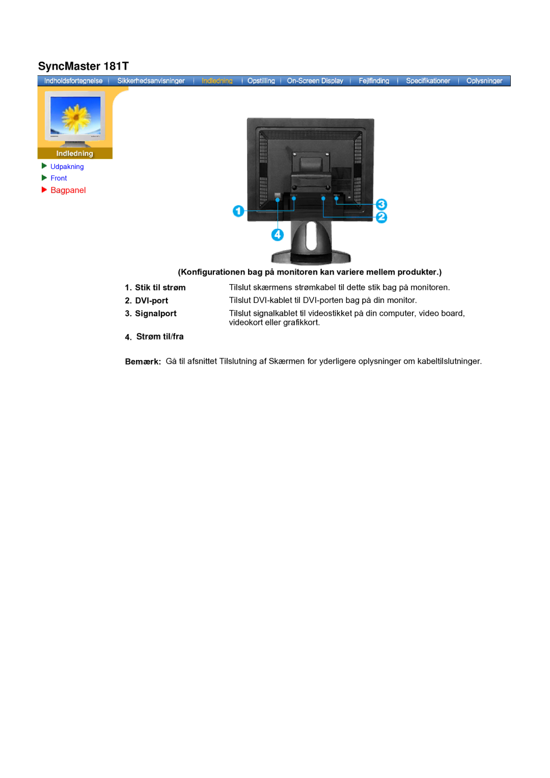 Samsung GH19AWBN/EDC manual Bagpanel, DVI-port, Signalport, Strøm til/fra 