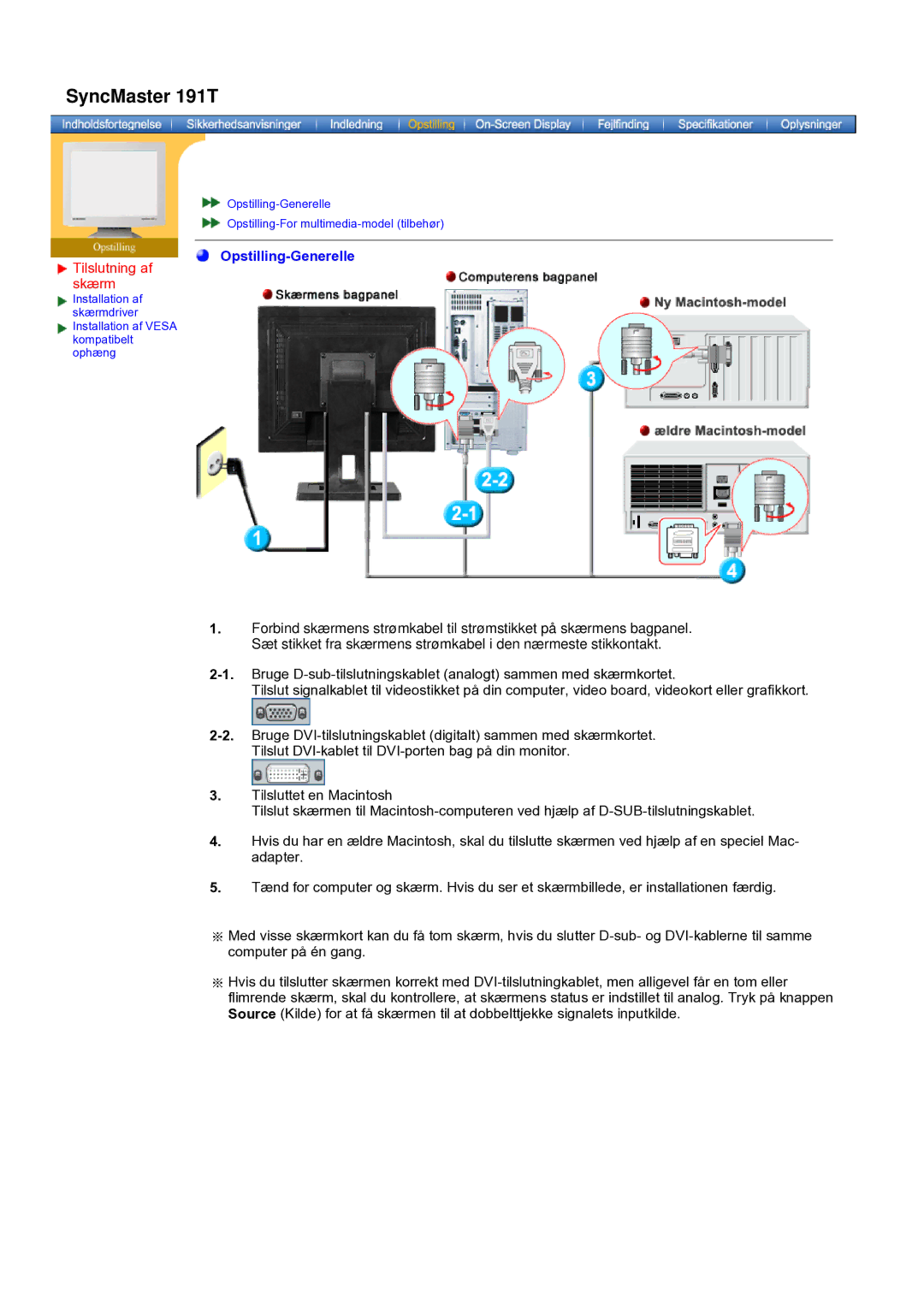 Samsung GH19AWBN/EDC manual Opstilling-Generelle 