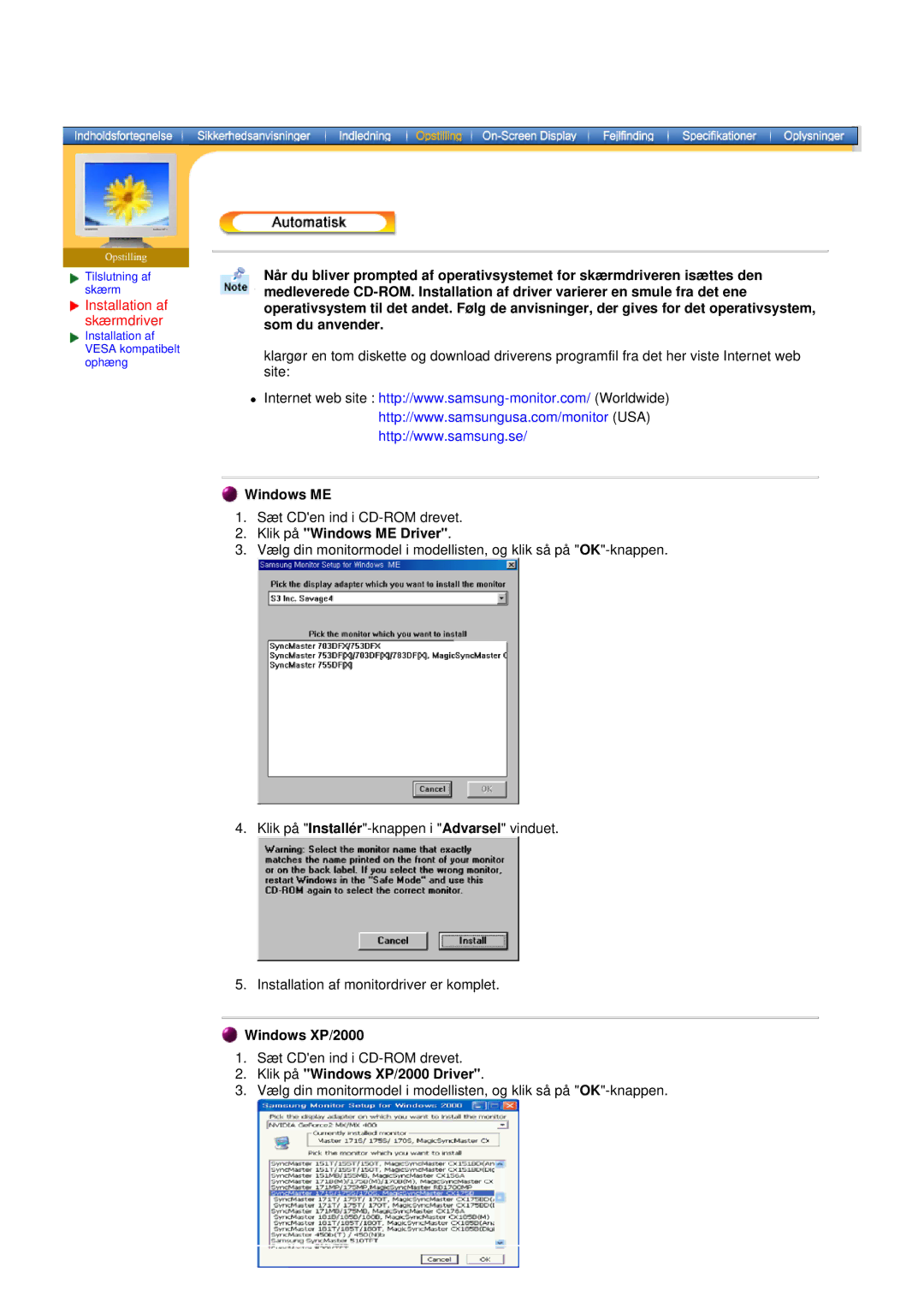 Samsung GH19AWBN/EDC manual Installation af skærmdriver, Klik på Windows ME Driver, Windows XP/2000 