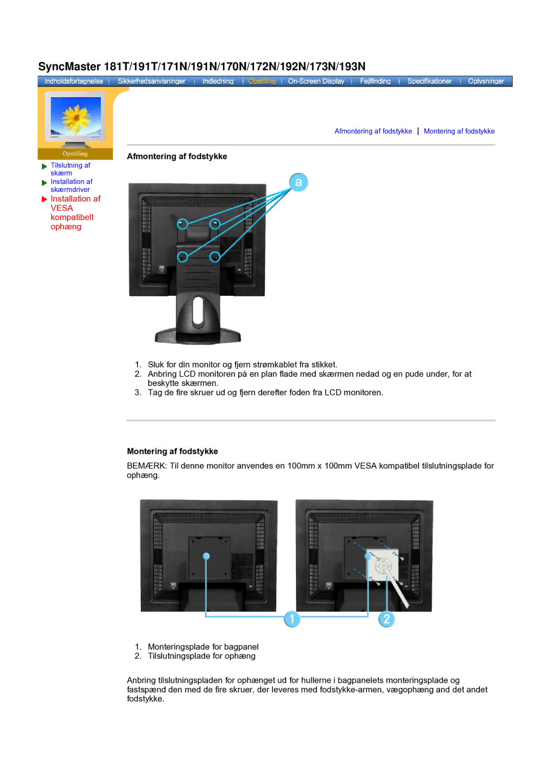 Samsung GH19AWBN/EDC manual SyncMaster 181T/191T/171N/191N/170N/172N/192N/173N/193N, Afmontering af fodstykke 