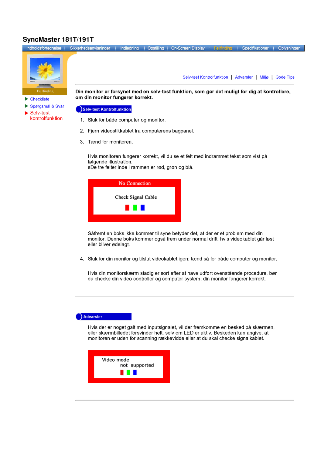 Samsung GH19AWBN/EDC manual SyncMaster 181T/191T, Selv-test kontrolfunktion 