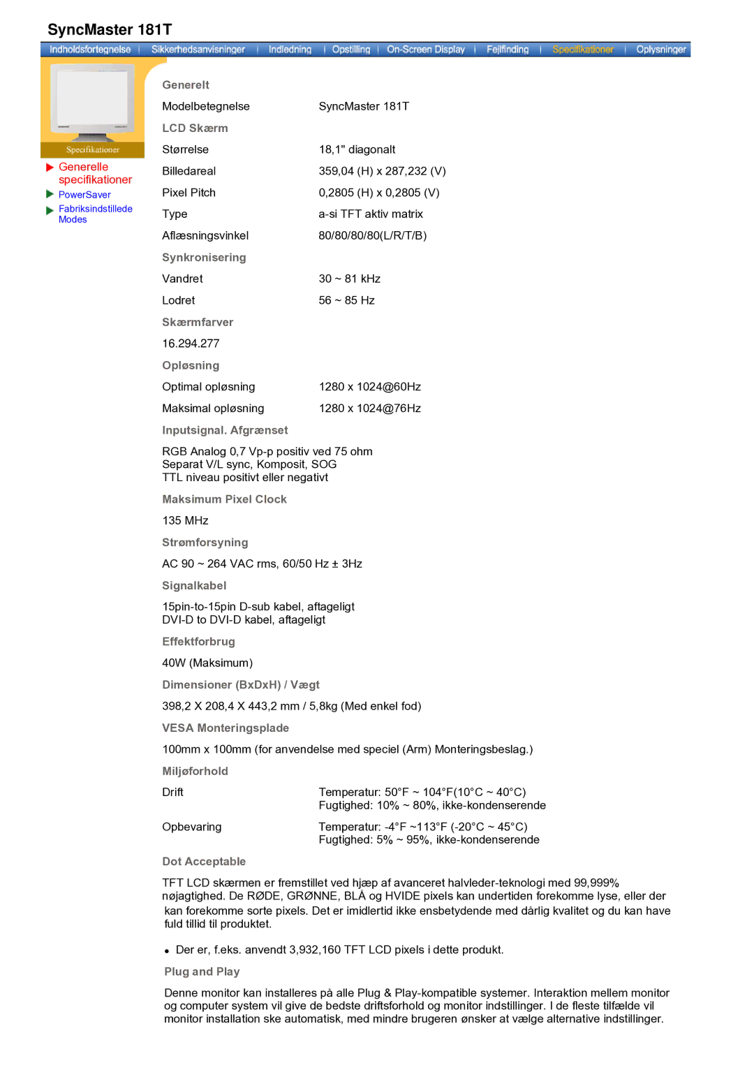 Samsung GH19AWBN/EDC manual Generelle specifikationer, LCD Skærm 