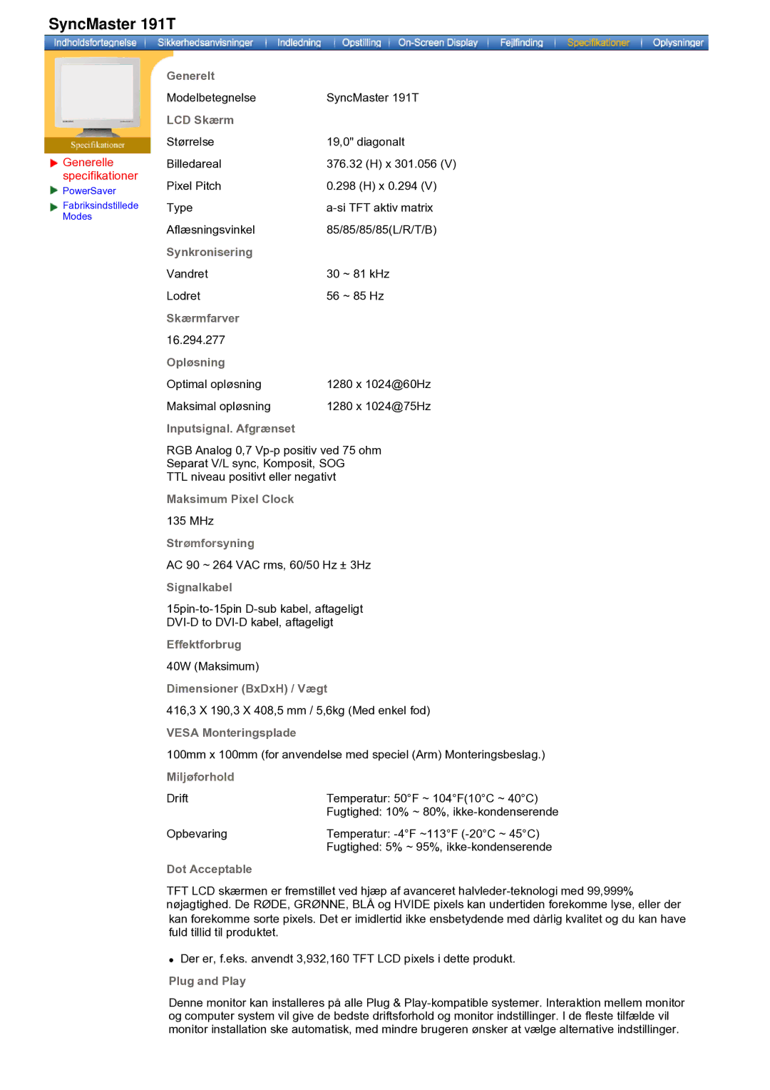 Samsung GH19AWBN/EDC manual Modelbetegnelse SyncMaster 191T 