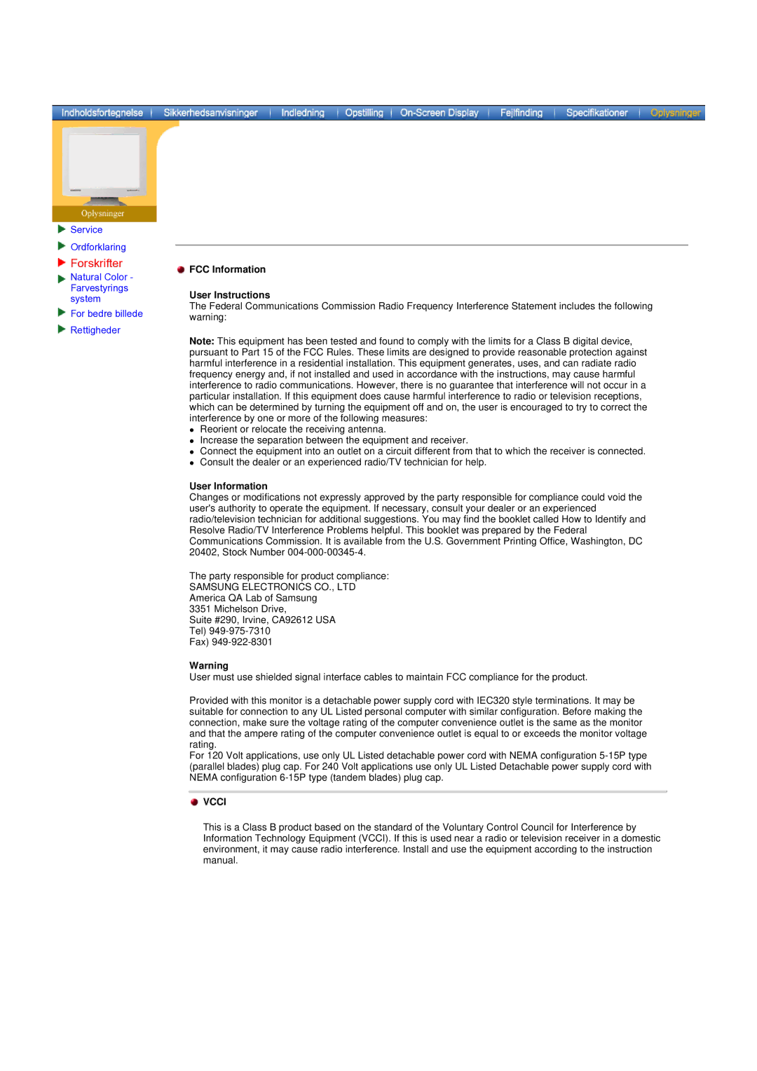 Samsung GH19AWBN/EDC manual Forskrifter, FCC Information User Instructions 