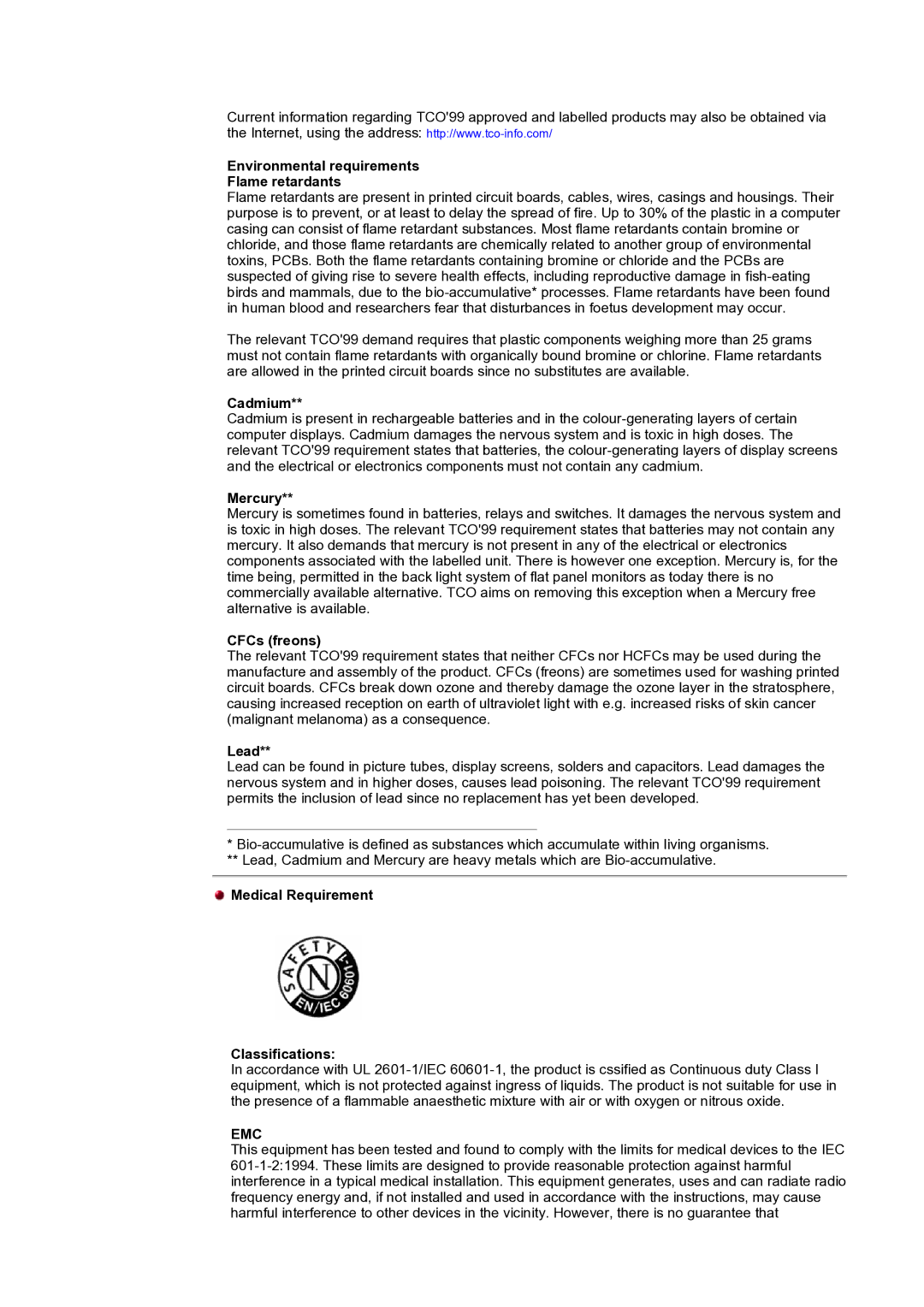 Samsung GH19AWBN/EDC manual Environmental requirements Flame retardants, Medical Requirement Classifications 