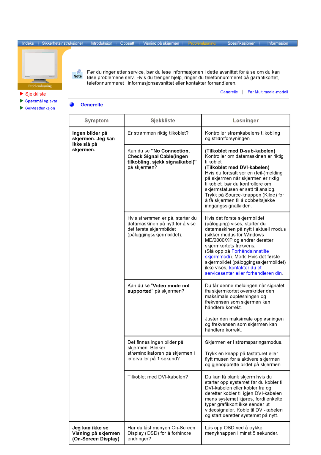 Samsung GH19AWBN/EDC manual Sjekkliste, Jeg kan ikke se Visning på skjermen On-Screen Display 