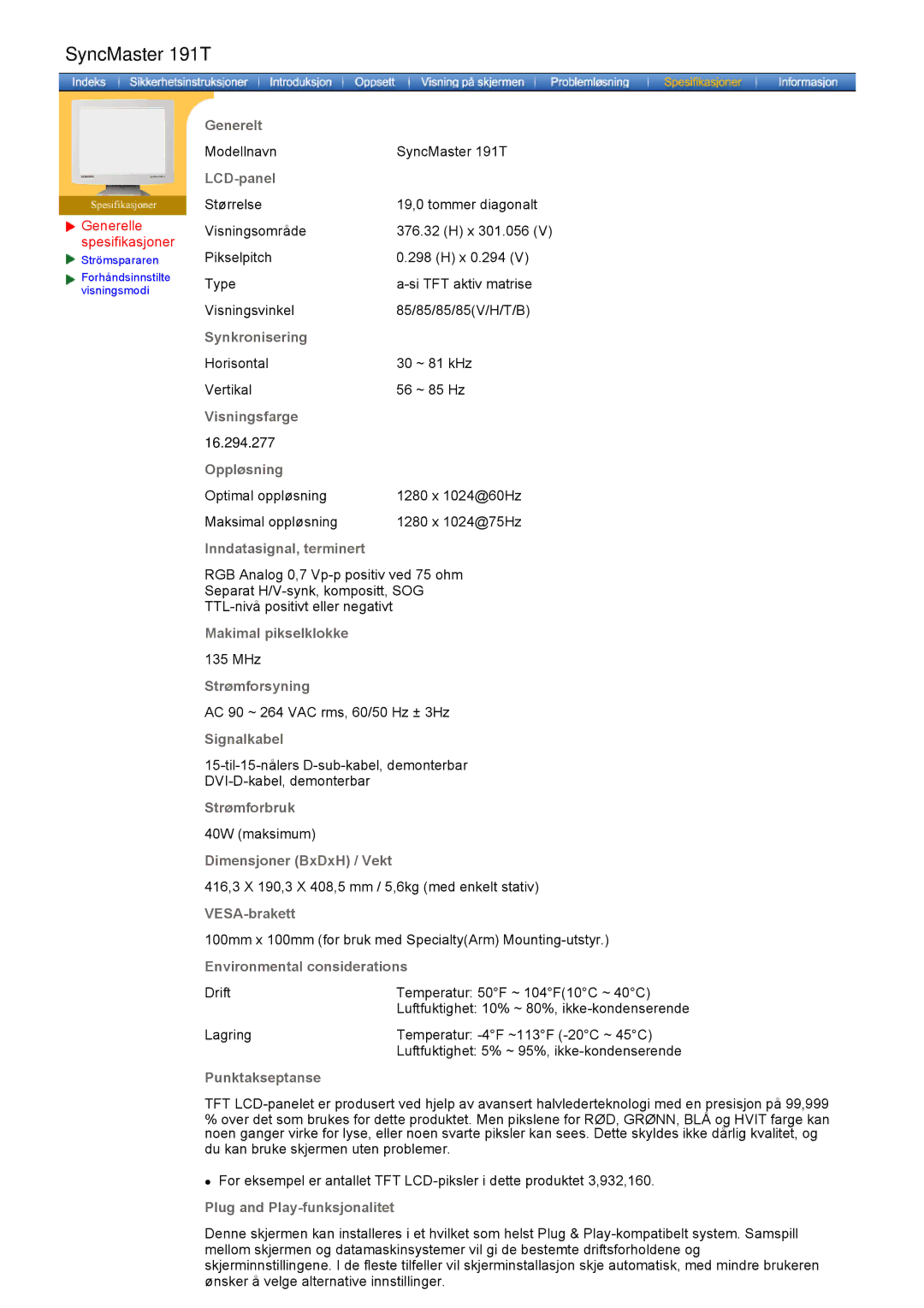 Samsung GH19AWBN/EDC manual Modellnavn SyncMaster 191T 