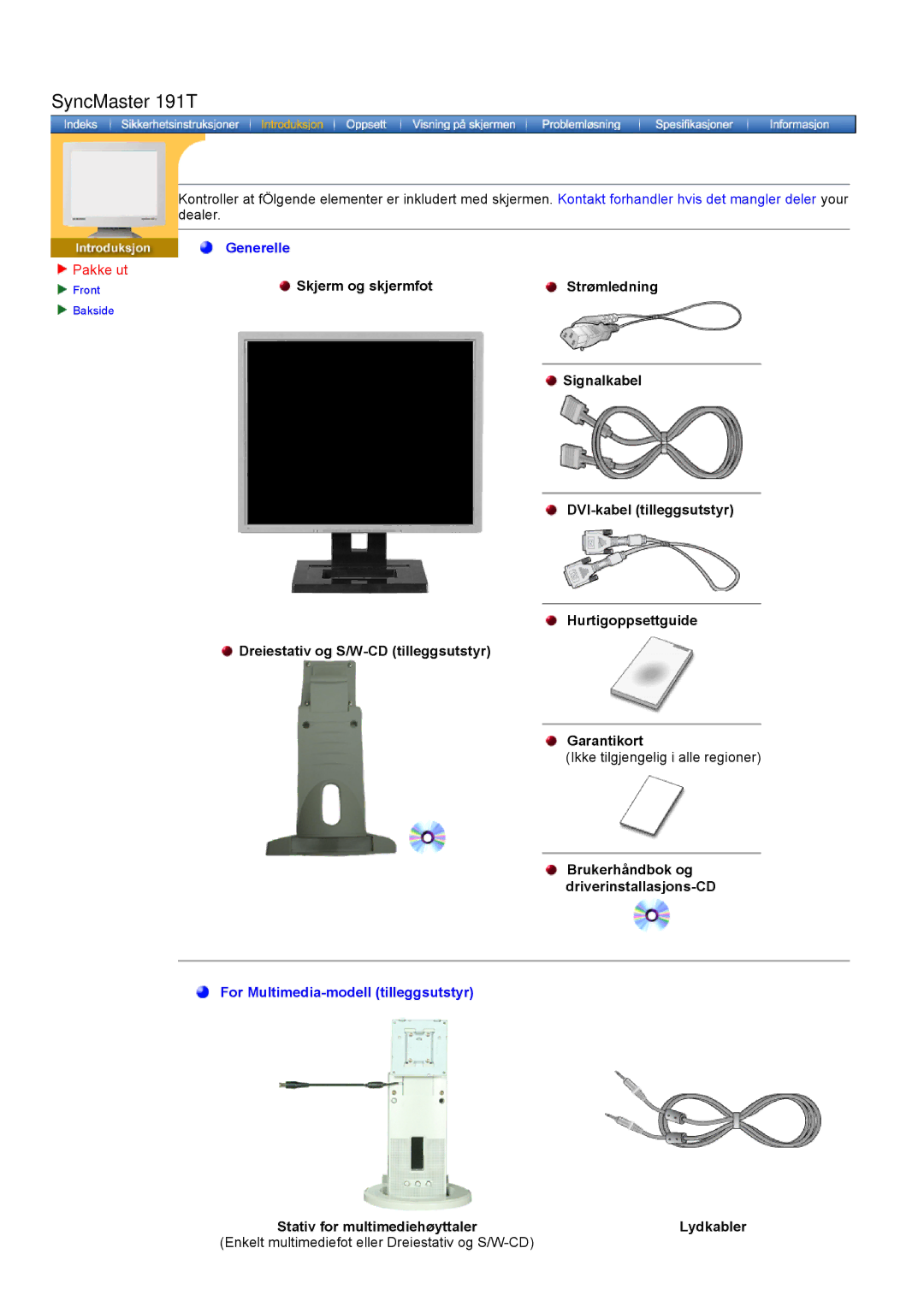 Samsung GH19AWBN/EDC manual SyncMaster 191T, Pakke ut, Brukerhåndbok og driverinstallasjons-CD 