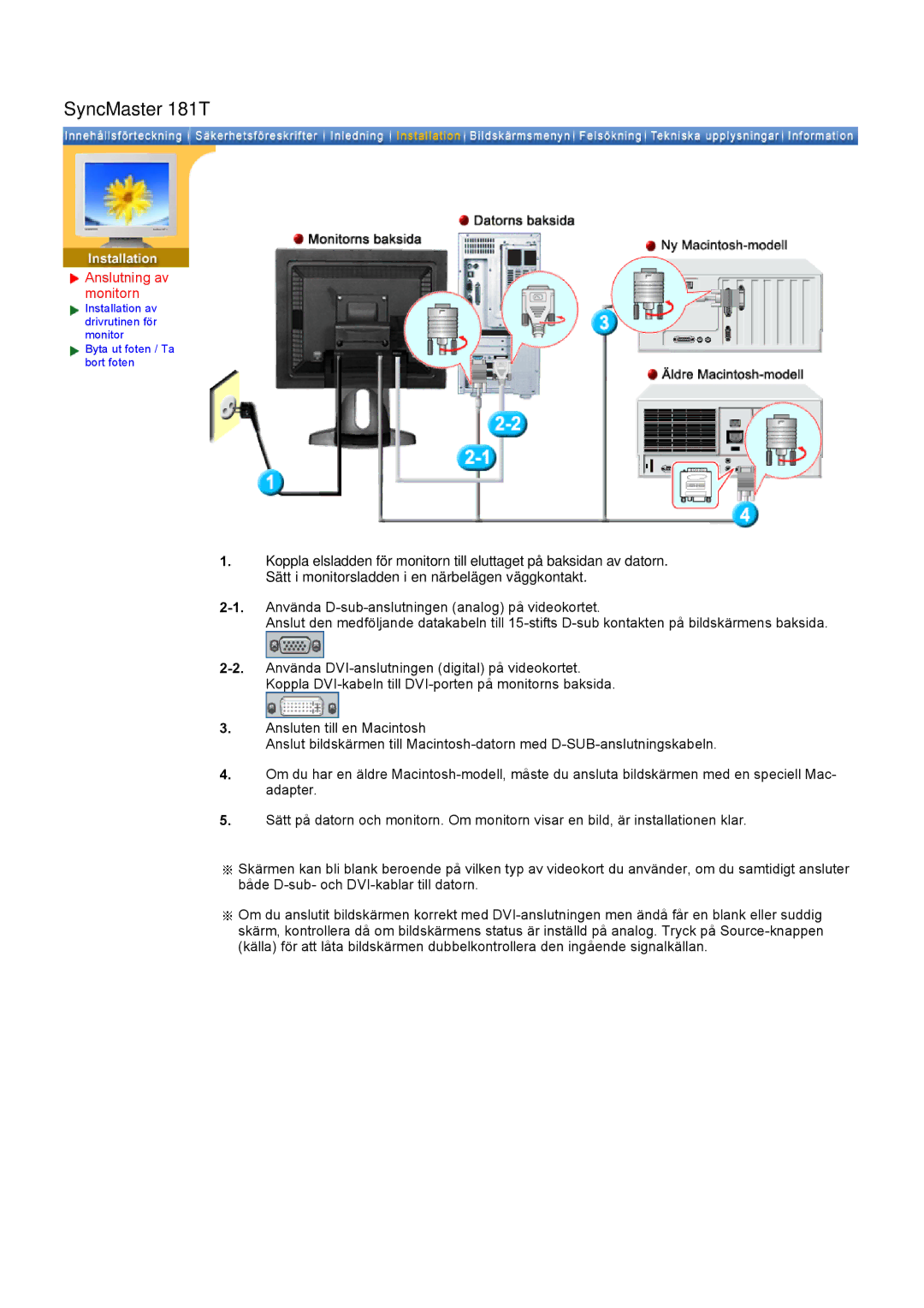 Samsung GH19AWBN/EDC manual SyncMaster 181T, Anslutning av monitorn 