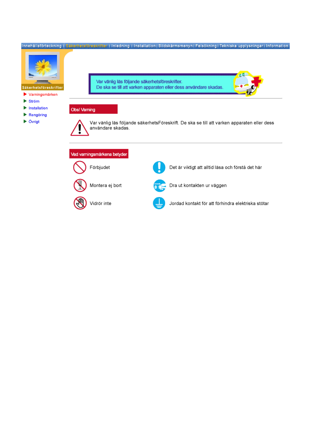 Samsung GH19AWBN/EDC manual Jordad kontakt för att förhindra elektriska stötar 