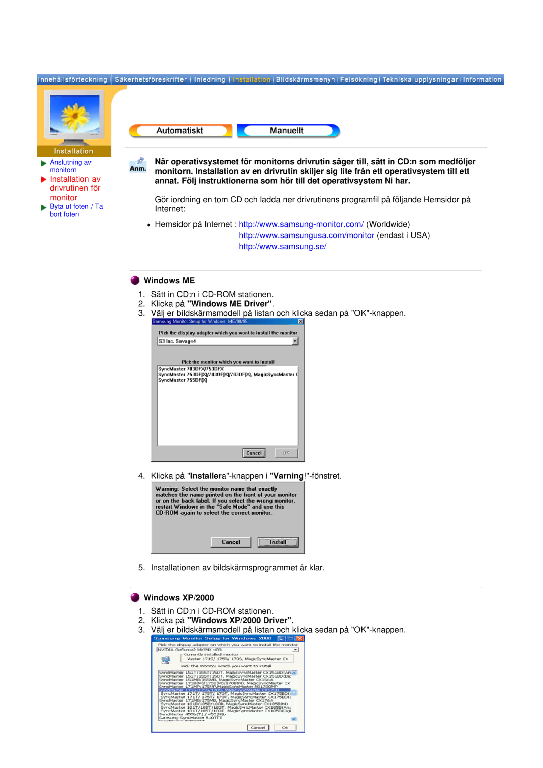 Samsung GH19AWBN/EDC manual Installation av drivrutinen för monitor, Klicka på Windows ME Driver, Windows XP/2000 