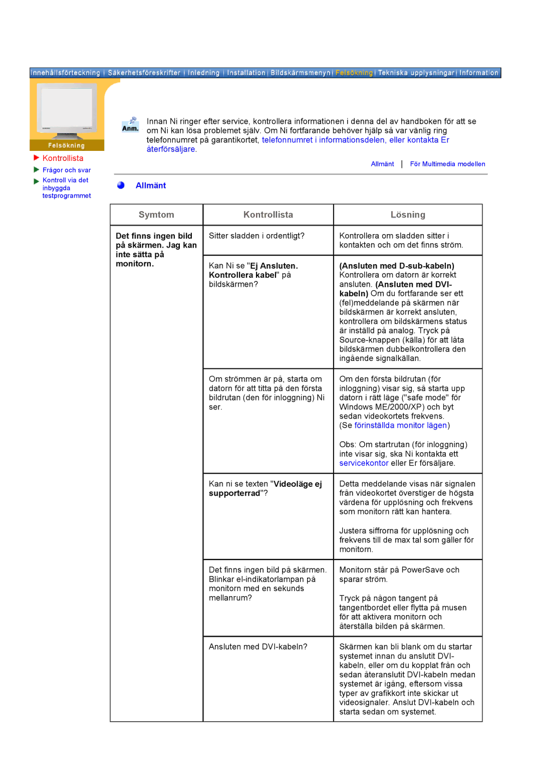 Samsung GH19AWBN/EDC manual Kontrollista, Kan Ni se Ej Ansluten. Kontrollera kabel på bildskärmen? 