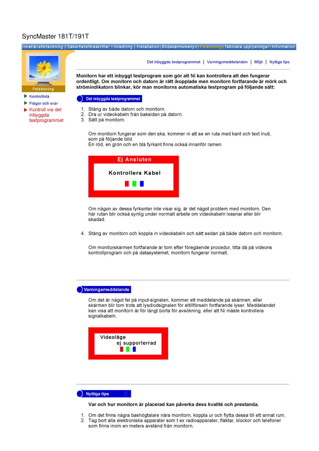 Samsung GH19AWBN/EDC manual Kontroll via det inbyggda testprogrammet 