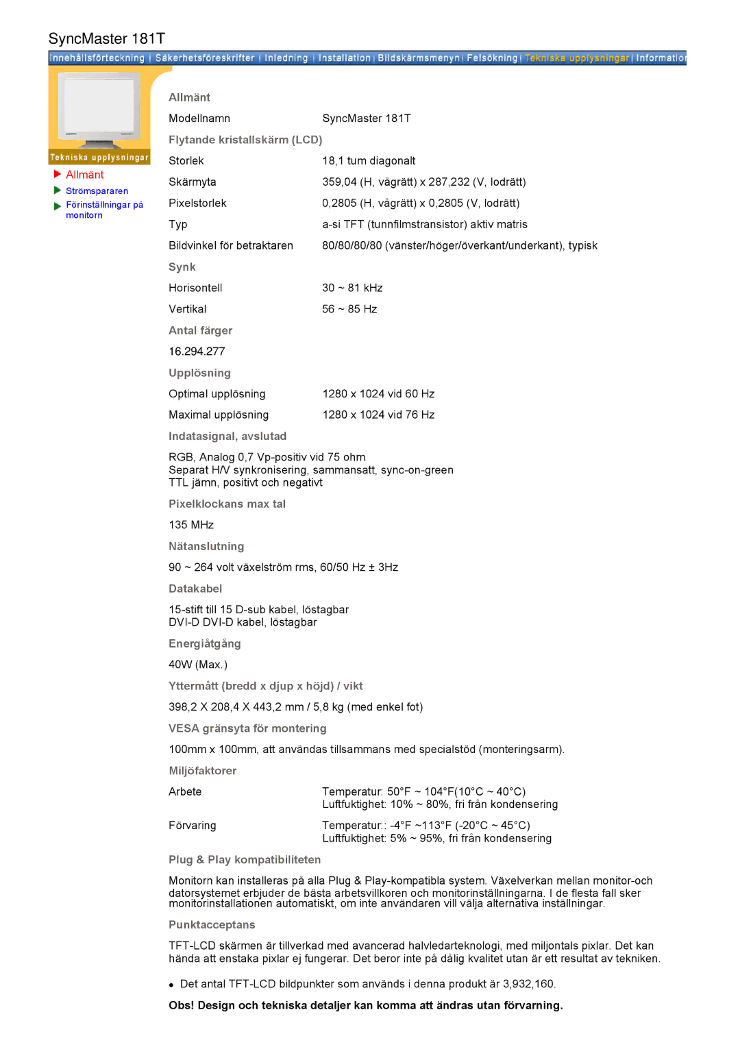 Samsung GH19AWBN/EDC manual Allmänt, Flytande kristallskärm LCD 