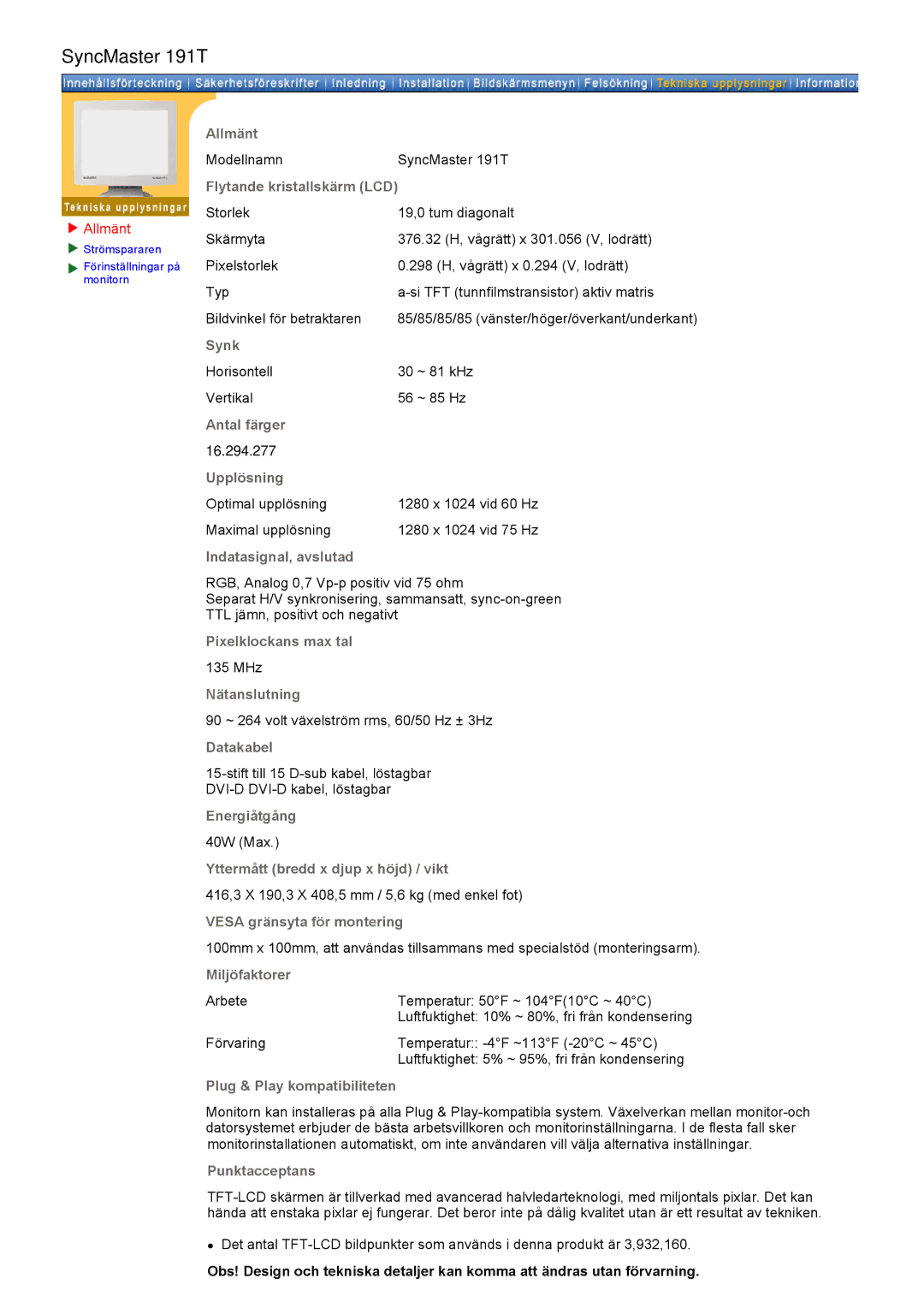 Samsung GH19AWBN/EDC manual Modellnamn SyncMaster 191T 