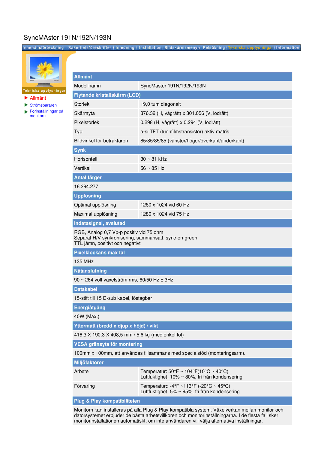 Samsung GH19AWBN/EDC manual SyncMAster 191N/192N/193N, Flytande kristallskärm LCD 