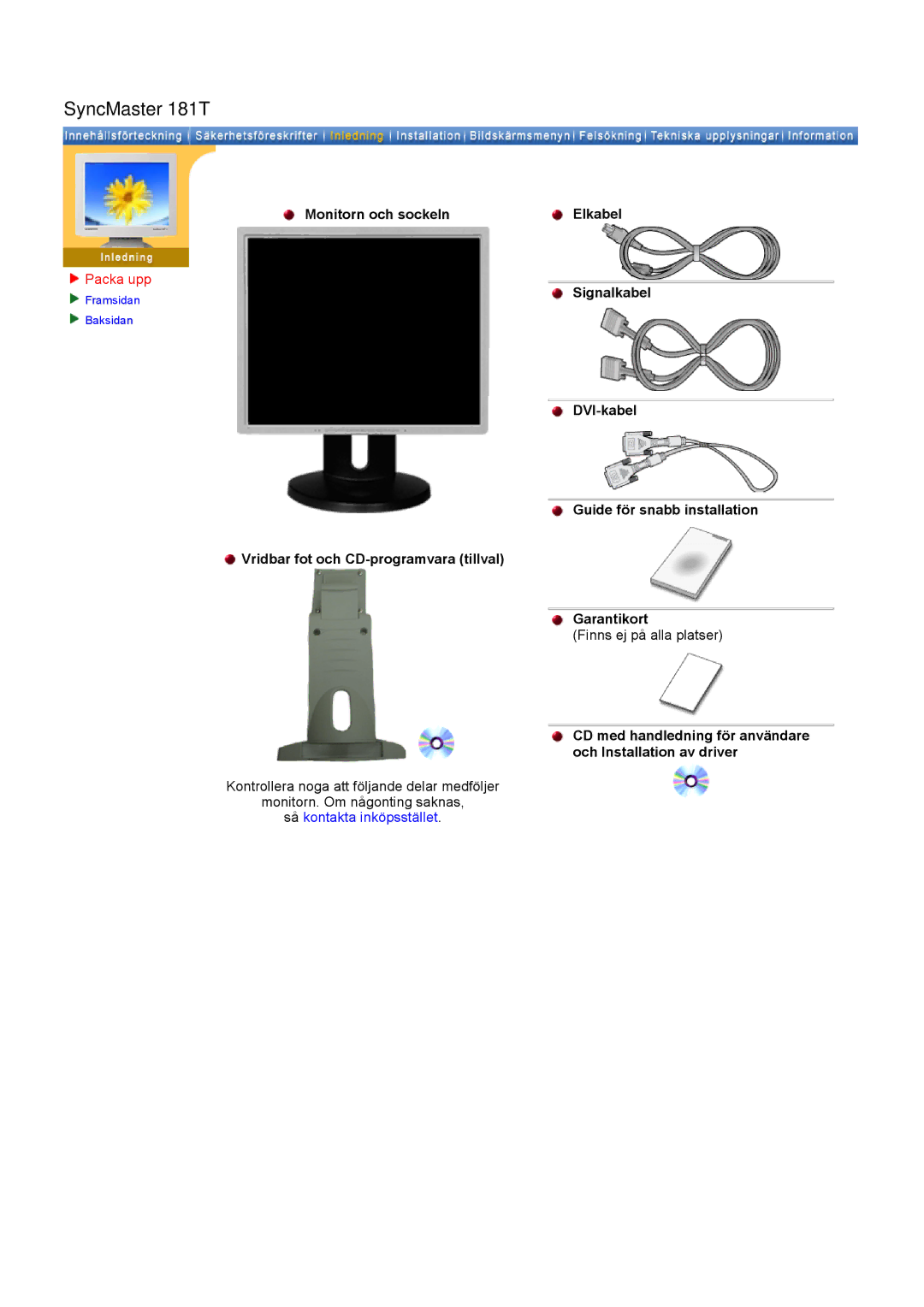 Samsung GH19AWBN/EDC manual SyncMaster 181T, Packa upp, CD med handledning för användare och Installation av driver 