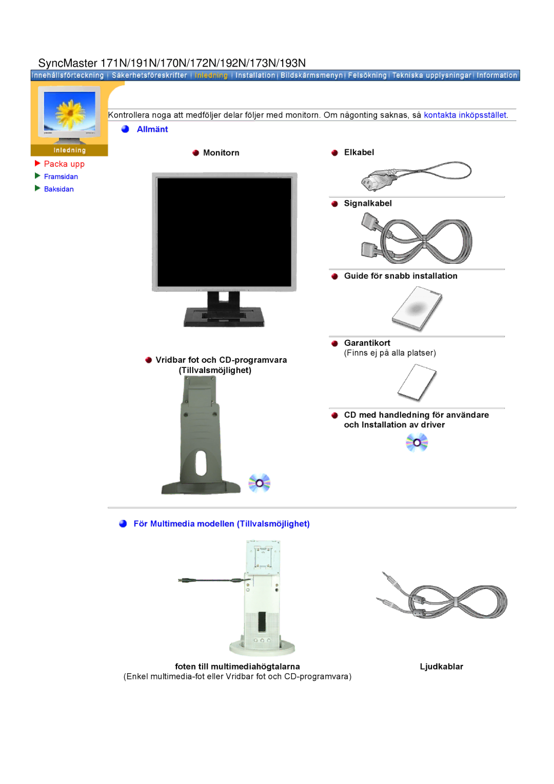 Samsung GH19AWBN/EDC manual SyncMaster 171N/191N/170N/172N/192N/173N/193N, Allmänt Monitorn Elkabel 