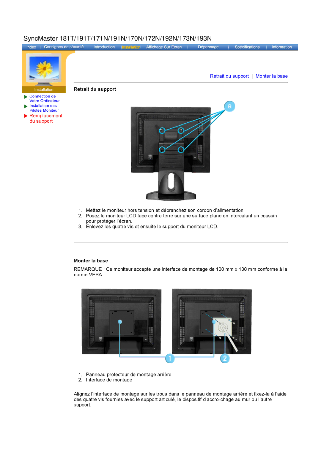 Samsung GH19BSAS/EDC SyncMaster 181T/191T/171N/191N/170N/172N/192N/173N/193N, Retrait du support, Remplacement du support 