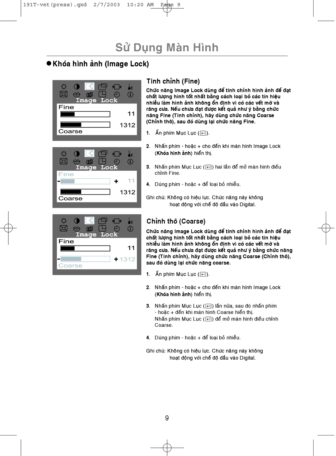 Samsung GH19BSASV/VNT, GH19BSAS/VNT manual Hình Image Lock, Coarse, Tinh chænh Fine, Chænh 