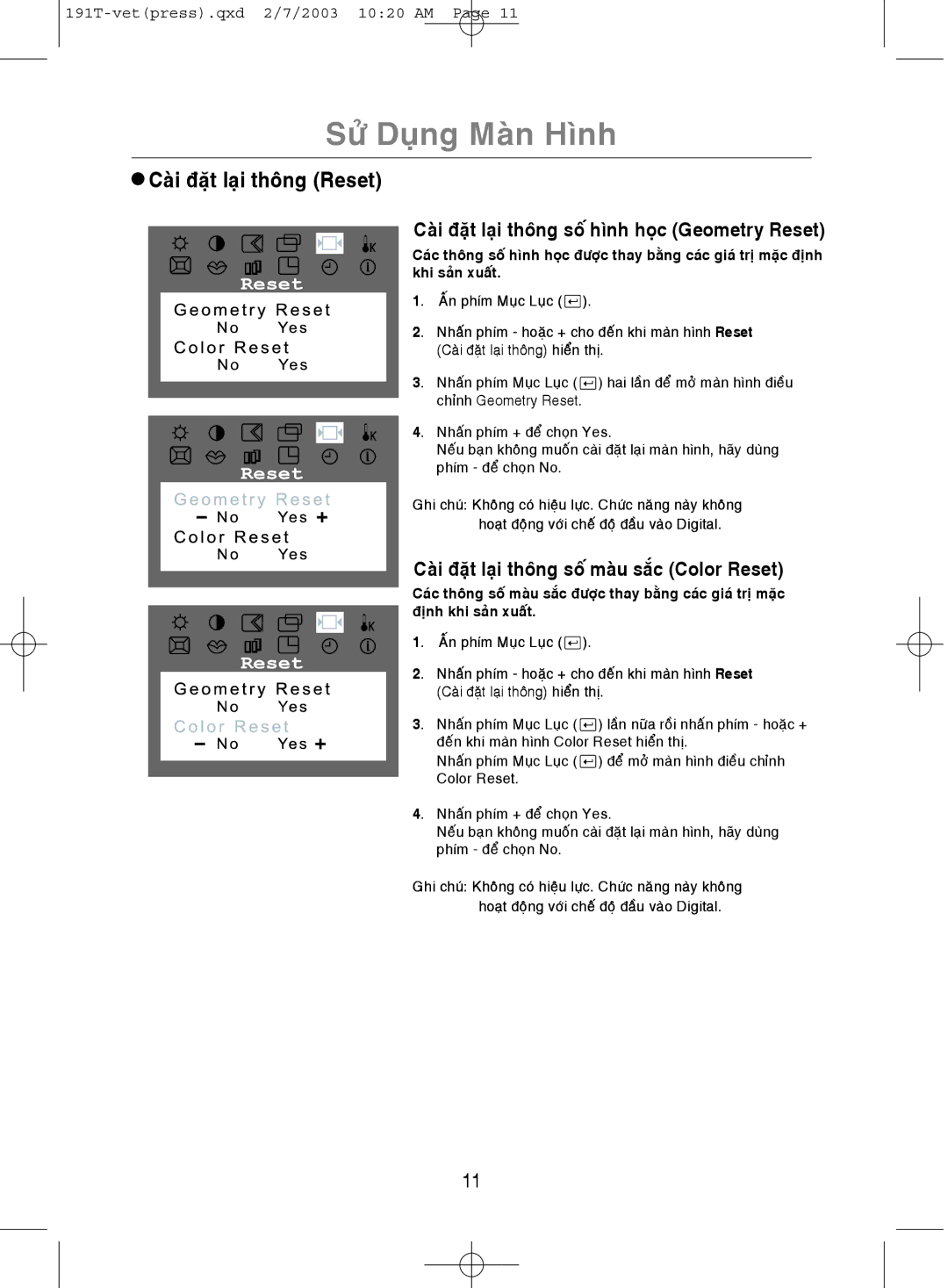 Samsung GH19BSASV/VNT, GH19BSAS/VNT manual Hình, Color Reset, Geometry Reset 