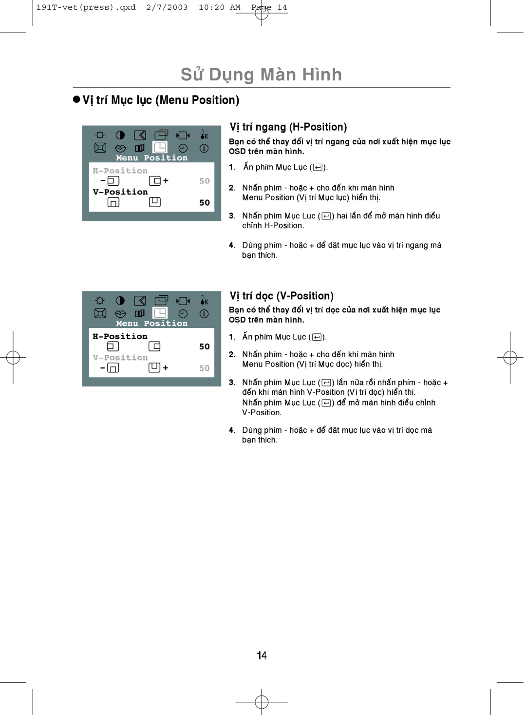 Samsung GH19BSAS/VNT, GH19BSASV/VNT manual Söû Duïng Maøn Hình, Vò trí Muïc luïc Menu Position 