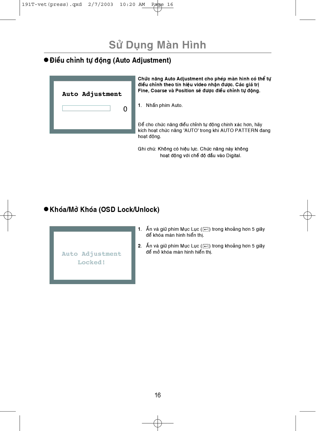 Samsung GH19BSAS/VNT, GH19BSASV/VNT manual Ñieàu chænh töï ñoäng Auto Adjustment, Khoùa/Môû Khoùa OSD Lock/Unlock 