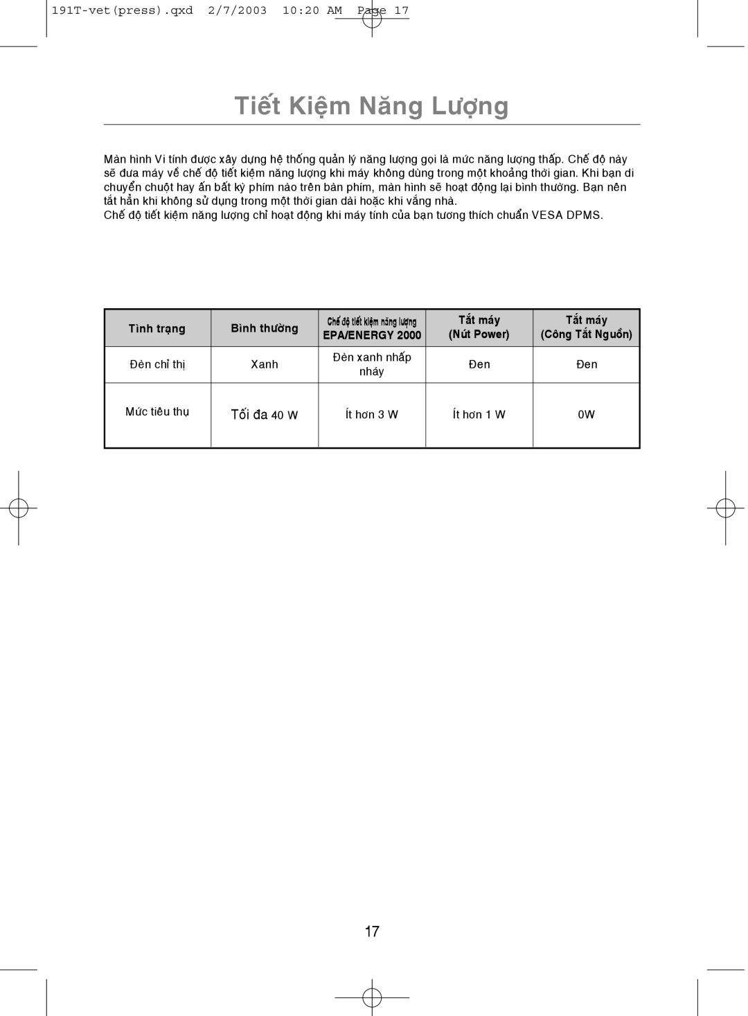 Samsung GH19BSASV/VNT, GH19BSAS/VNT manual Tieát Kieäm Naêng Löôïng, Tình traïng Bình thöôøng, Taét maùy 