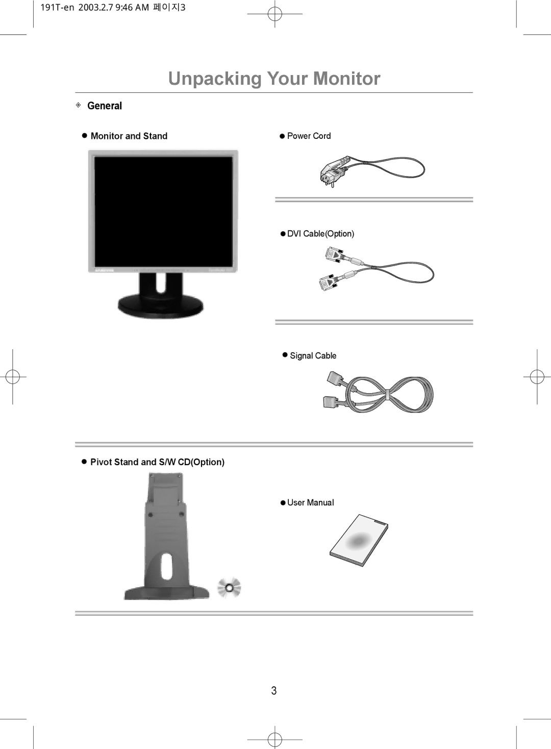 Samsung GH19BSASV/VNT, GH19BSAS/VNT manual Unpacking Your Monitor, Monitor and Stand, Pivot Stand and S/W CDOption 