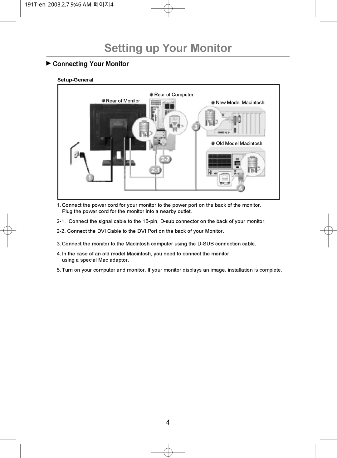 Samsung GH19BSAS/VNT, GH19BSASV/VNT manual Setting up Your Monitor, Connecting Your Monitor, Setup-General 